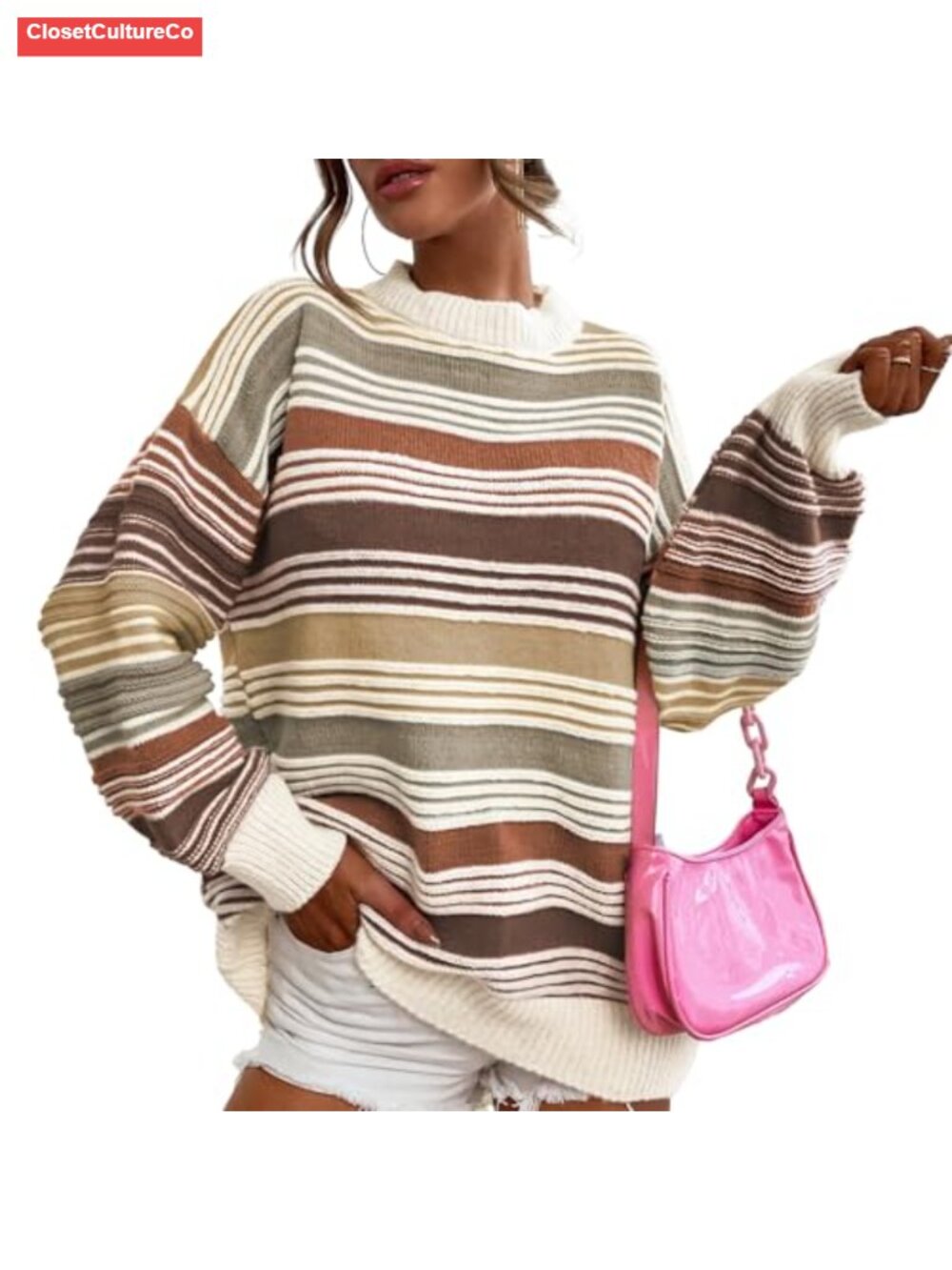 Womens Contrast Striped Sweater Color Block Knitted Pullover